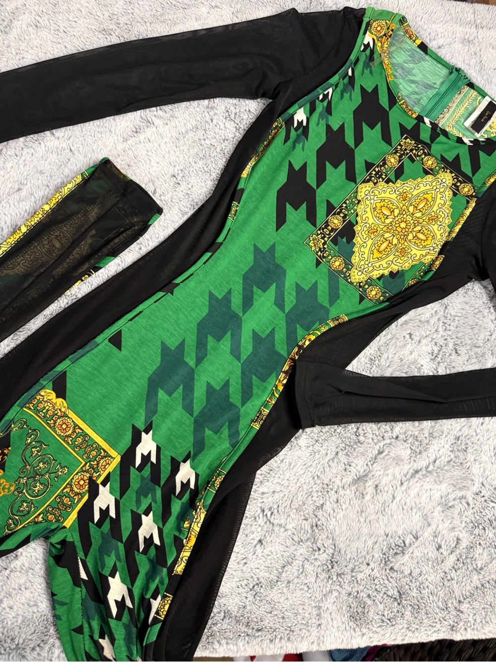 Green & Black Printed Long-Sleeve Jumpsuit with Gold Accents